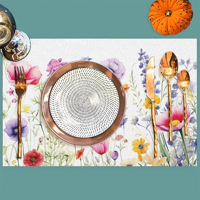 Placemats Set of 4 Heat-Resistant Rectangle Place Mats Floral Flower Grass Washable Plastic PVC Dining Table Mat Non-Slip Wipeable Woven Vinyl Placemat for Kitchen Patio Table Decor