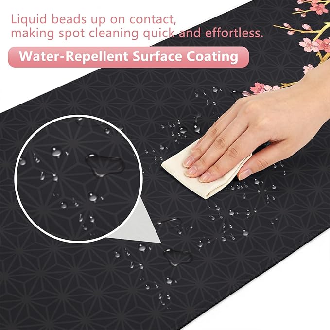 Black Cherry Blossom Mouse Pad Large 35.4×15.7 Pink Floral Japanese Desk Mat for Women, Non-Slip Water-Resistant Keyboard Pad for Home Office Gaming