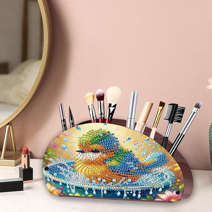 POETRYDRAW DIY Bird Diamond Art Painting Wooden Storage Box – Multi-Grid Moon Fan Makeup Brush Organizer, Double-Sided Drill Tabletop Holder for Women, Office & Home Decoration