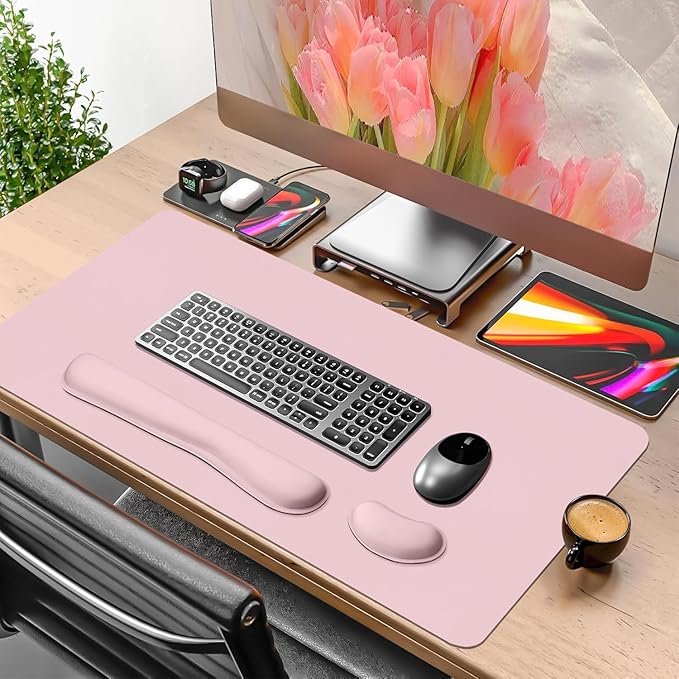 Desk Mat Set， Wrist Rest for Computer Keyboard, 3-in-1 Large Mouse Pad and Keyboard Wrist Rest Set, Non-Slip Desk Mat Protector for Office, Home(27.5×13.8 Inches, Pink)