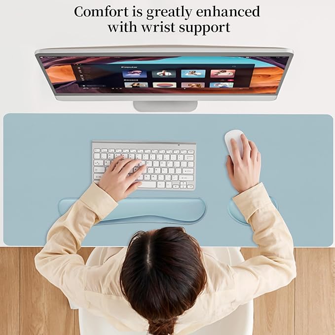 Desk Pad Mat Set,3-in-1 Large Mouse Pads with Wrist Rest and Keyboard Pad, Desk Mats for Keyboards and Mouses, Ergonomic Keyboard and Mouse Mat Set for Office Home Decor(Blue, 35.4" x 16.9")
