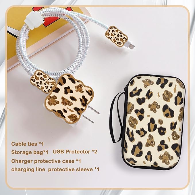 CameCosy DIY Phone Charger Cover Storage Sets USB Earphone Wire Saver Cable Organizer with Travel Storage Bag, Soft Cute Cable Protector Cord Organizer Compatible for iPhone(Leopard)
