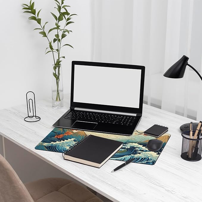 Large Gaming Mouse Pad Japanese Waves Desk Mat Mouse Pad Extended XL Mousepad, Large Non-Slip Rubber Base Mousepad with Stitched Edges, Desk Pad for Work Game Office, 31.5 x 15.8 in