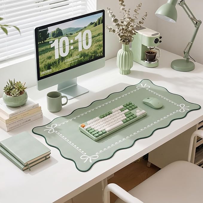 Scalloped Bow Desk Mat Cute Coquette Large Mouse Pad Kawaii Cottagecore ‌Vintage‌ Rustic Keyboard Pad Nonslip 2026 Graduation Gift with Stitching Waterproof Gaming(Sage Green)
