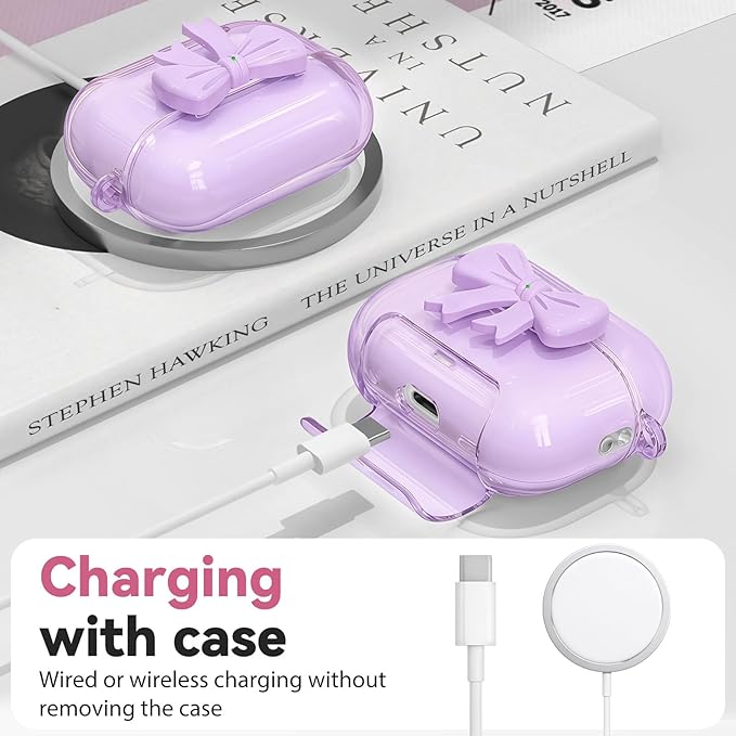 for Airpods Pro 3 Case Pink 2025 with Safety Lock & Phone Stand, Bow Clear iPod Pro 3 Cases with Cute Keychain & Cleaning Kit, Soft TPU Cover for AirPods Pro 3rd Generation Case Girls Women (Purple)