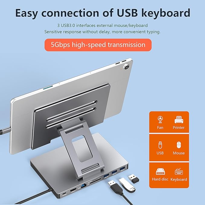 Aluminum Stand with 9-in-1 Type C Dock,100W PD,4K HDMI, Foldable for iPad Pro/Air, All-in-One Docking Station & Adjustable Holder, USB 3.0/Ethernet/SD Reader