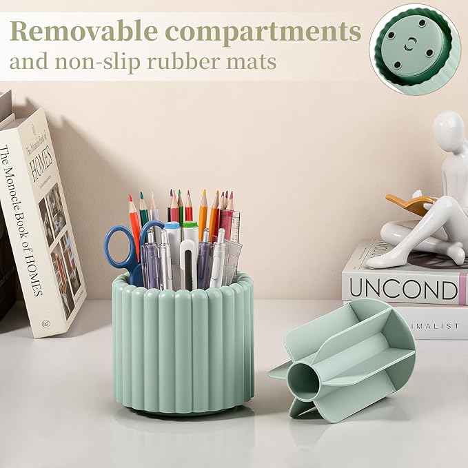 Anyoifax 360° Rotating Pen Holder 7 Slots Desk Organizer Removable Pencil Cup Plastic Art Supplies and Accessories Desktop Storage Box Caddy for Office, School, Home (Green)