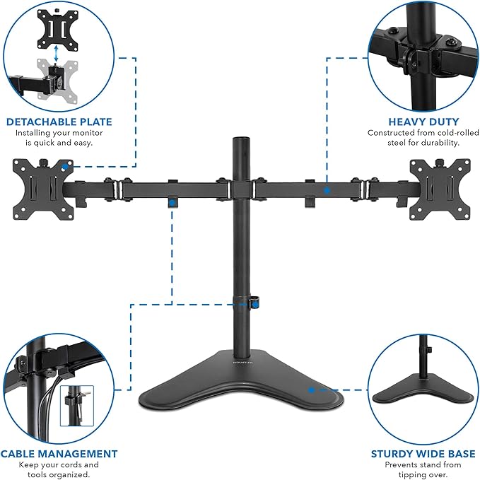 Mount-It! Dual Monitor Stand for Desk - Double Monitor Mount for 2 Screens up to 32 Inch and 17 Lbs - Free-Standing Base Swivel, Tilt, Rotates 360 Adjustable Arms - VESA Compatible High Grade Steel