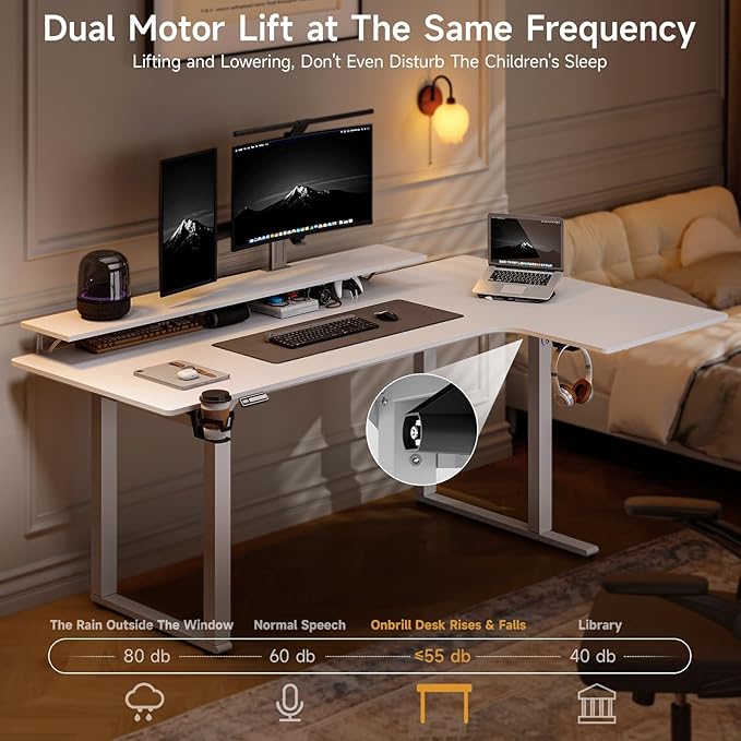 L Shaped Electric Standing Desk, 63x43'' Computer Desks with 2 Monitor Shelves, Dual Motor and Memory Controller, Gaming Corner Desk Adjustable Height from 28-46'' for Home Office Workstation, White