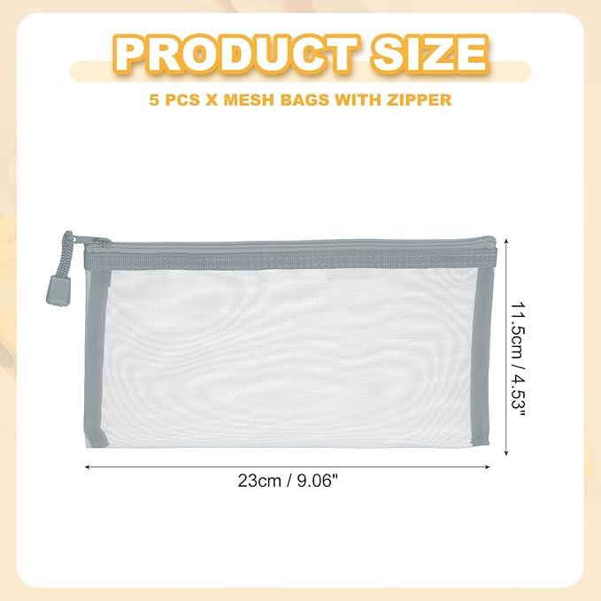PATIKIL B6 Mesh Zipper Pouch Bags, 5 PCS Mesh Bags with Zipper Plastic Storage Pocket for Organizing File Beads Office Home Supplies, 11.5x23cm, Gray