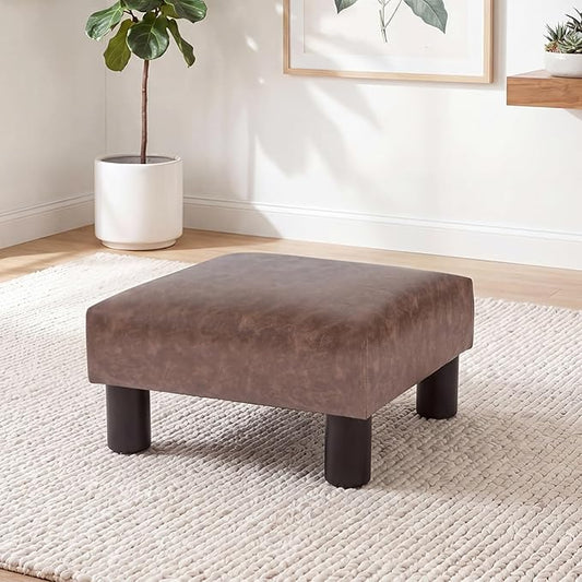 Joveco Small Footstool Ottoman Upholstered PU Leather Square Footrest Ottomans Small Foot Rest for Desk Couch Living Room Bedroom Office (Brown)
