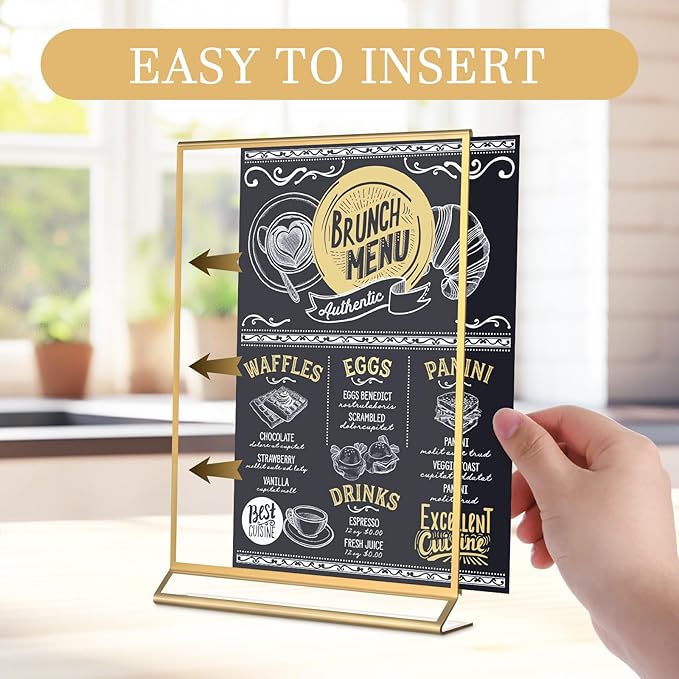 Petallush 8.5 by 11 Gold Acrylic Picture Frame Stands for Display 8PCS, Double Sided Acrylic Wedding Table Number Sign Holder 8.5 x 11, Clear Menu Flyer Paper Holder for Wedding Party Decor