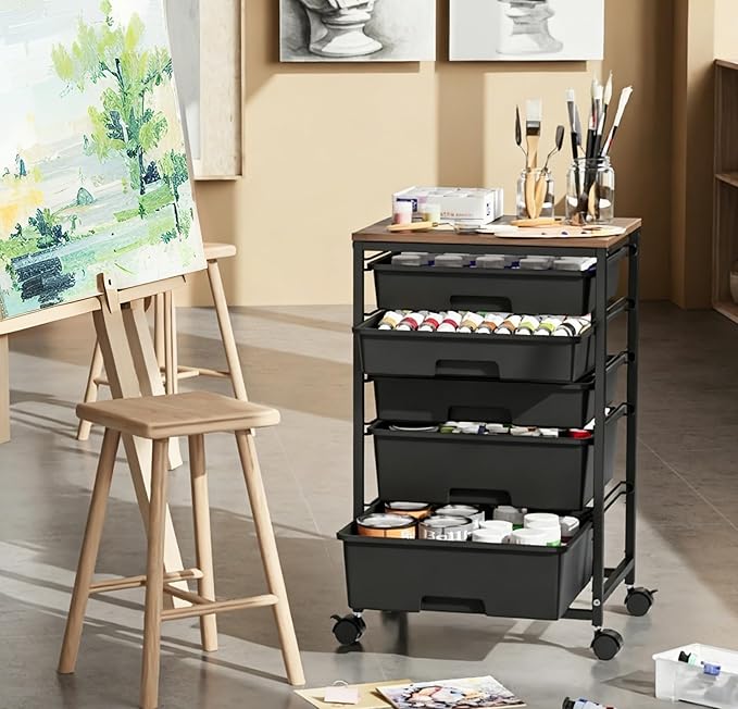 SYKIARIOL 5-Tier Rolling Utility Storage Drawer Craft Cart on Wheels with Wooden Tabletop, Mobile Craft Storage Drawer Cart Trolley for Home Office, Classroom, Craft Room & Kid Room, Black