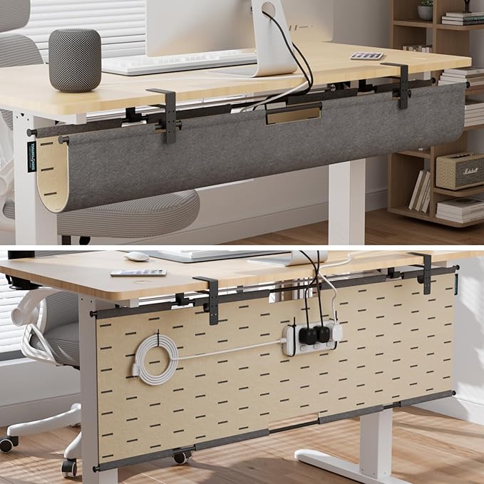 No Drill Under Desk Cable Management Tray, 45.2" Felt Cord Organizer for Table, Clamp/Screw Mount Wire Management with Privacy Panel for Standing Desk & Home Office (Gray/Khak)