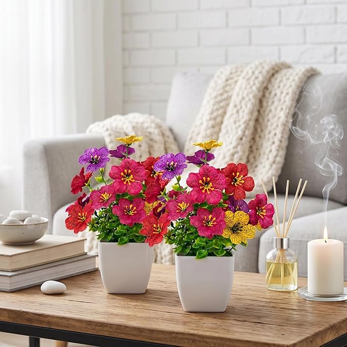 Artificial Flowers in Pots, Small Plant Decor, Fake Potted Flowers Indoor, Mini Artificial Plants & Fake Flowers with Pot for Home Office Kitchen