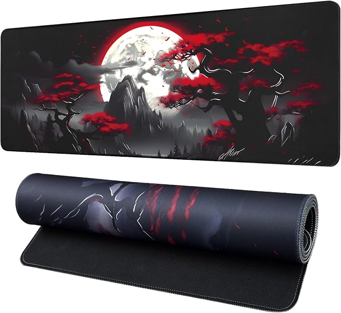 FreeNook Large Gaming Mouse Pad, Anime Black Mousepad with with Non-Slip Base, Expanded Cool Desk Mat, Mountain Moon Scenery XL Keyboard Mat Suitable for Home Office,31.5 X 11.8 Inch