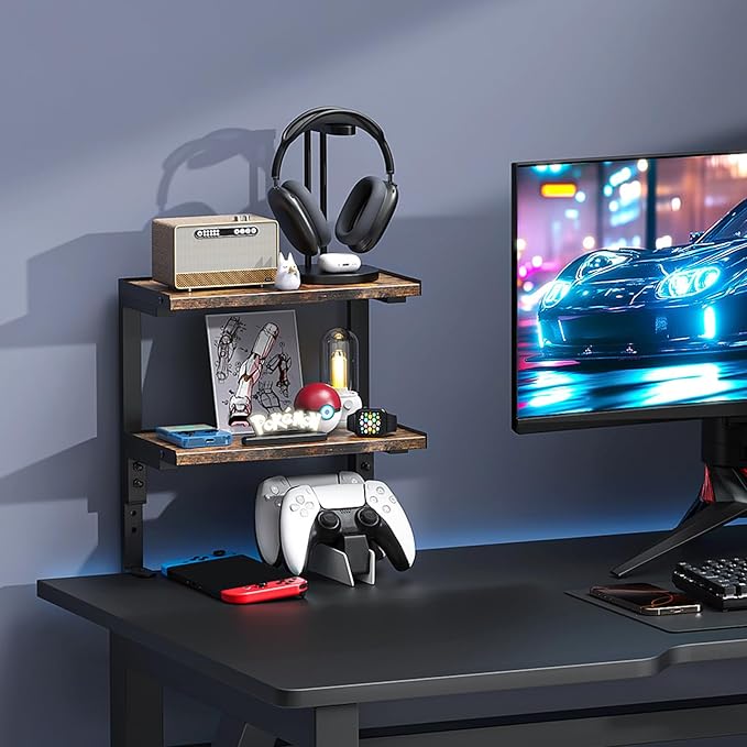 2-Tier Desk Shelf, Expandable Under Desk Storage, Clamp on Desk Shelf, Desktop Accessories for Offices, Study Rooms, and Game Rooms (Wood)