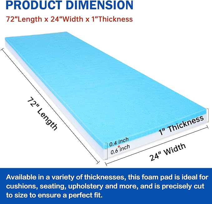High Density Upholstery Foam Cushion - 1" Thick x 24" x 72", Gel Memory Foam Support Padding for Seat Cushion Replacement, DIY Projects, Sofa Mattress Support