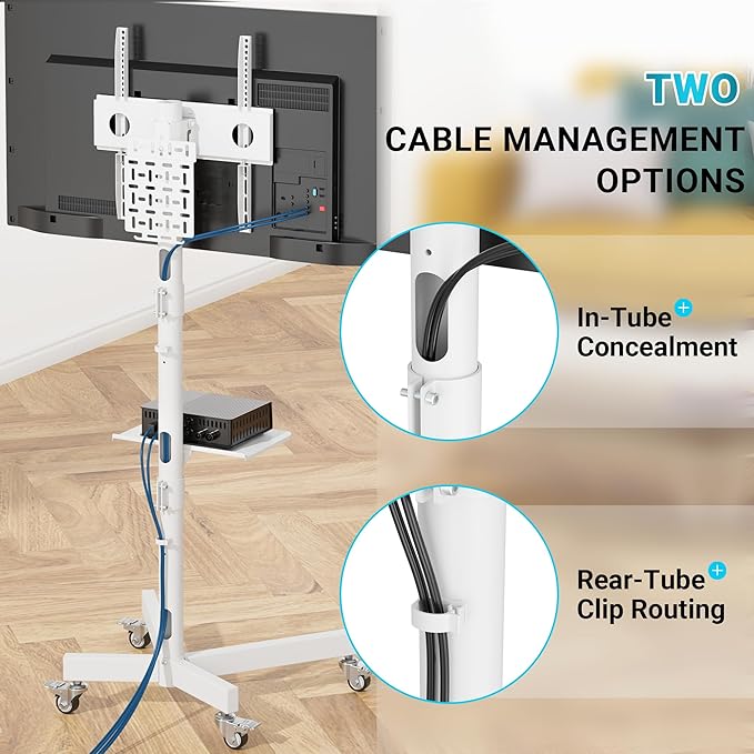 BONTEC Rolling TV Stand with Pegboard Storage for 32–65 Inch TVs, Holds, Height Adjustable Mobile TV Cart on Metal Wheels with Shelf & Cable Management,Holds up to 88 lbs, Max VESA 400x400mm, White