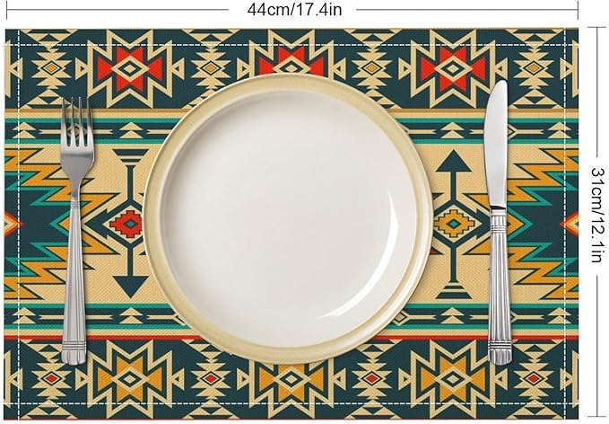 Vintage Aztec Southwest Placemats Ethnic Style Design Boho Geometric Pattern Linen Washable Table Mats Stain Heat-Resistant Desktop Decor Place Mats for Home Kitchen Dining Party 12x18 in 6 Pcs