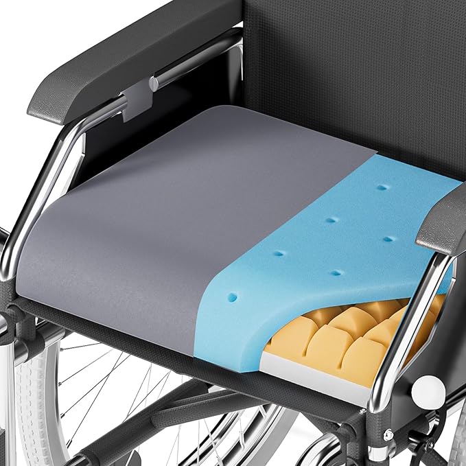 Gel-Infused Memory Foam Wheelchair Cushions, 3-Layer Breathable Pad for Recliner, Office Chair,Desk& Car Seat, Support for Coccyx & Sciatica Relief. Non-Slip 18‘’x16''x4''(Grey)