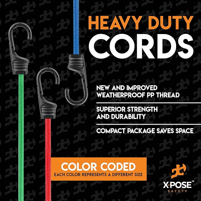 Heavy Duty 32pc Bungee Cord Set with Hooks, Canopy Ties, Luggage Net & Organizer Bag - Assorted Sizes (18", 24", 32", 40") for Outdoor, Bike Racks, Motorcycles