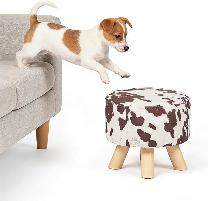 Asense Small Round Ottoman Foot Rest Stool Linen Padded Seat Footstool Ottoman with Anti-Slip Wooden Legs (Cow Brown,Linen)