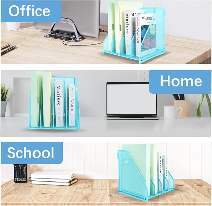 Desk Organizers Metal Magazine File Holder Racks Desktop Folder Storage Binder Organiser Document Organization for Home Office & Classroom,4 Vertical Compartments-Blue