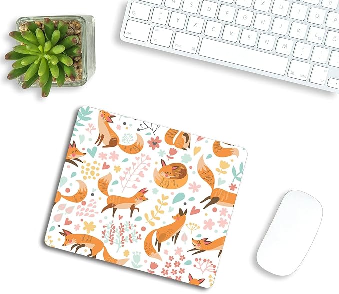 Mouse Pad,Cute Foxes and Flowers Mouse Pad, Mouse Mat Square Mouse Pad Non-Slip Rubber Base MousePads for Office Laptop, 9.5"x7.9"x0.12" Inch