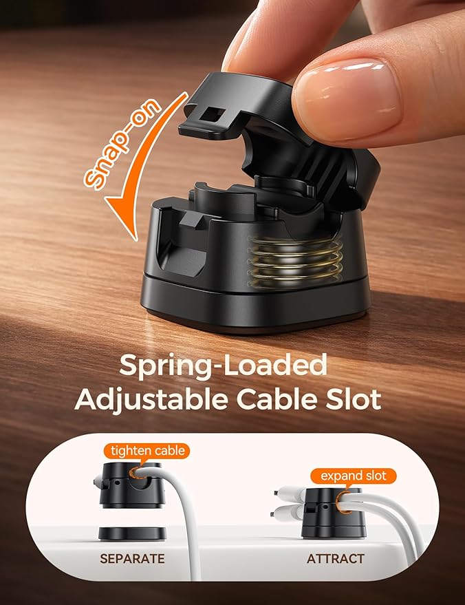 JOYROOM Detachable Magnetic Cord Organizer w/Secure Snap-Lock, 2-in-1 Adhesive& Magnetic Cable Clips, Auto-Fit Spring Management for φ1.5~8mm Cables, Under Desk Nightstand Home Office Car Wire Keeper