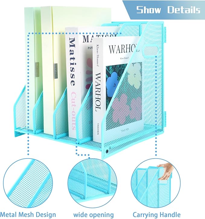 Desk Organizers Metal Magazine File Holder Racks Desktop Folder Storage Binder Organiser Document Organization for Home Office & Classroom,4 Vertical Compartments-Blue