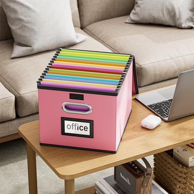 Portable Leather File Organizer Boxes with Lids, Office Document Boxes Organizer, Filing Boxes, Decorative Small File Boxes for Hanging Files, File Cabinet for Office/Home - 4 Pack