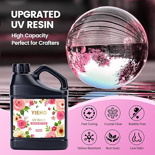 YIEHO UV Resin 1500g -Bulk Upgraded Crystal Clear Hard UV Fast Curing Epoxy Resin Supplies for Craft Jewelry Making with Sticks and Gloves