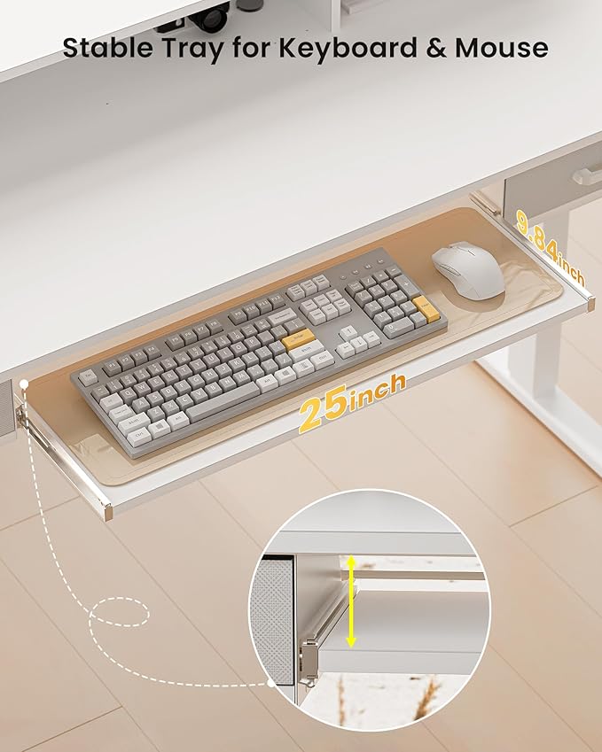 Electric Standing Desk with Keyboard Tray, 55x24 Inches Height Adjustable Stand up Desk with 2 Drawers, Ergonomic Sit to Stand Table with Storage Monitor Stand, White