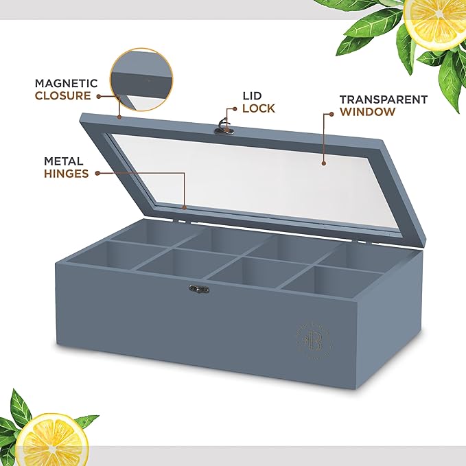 Tea Bag Organizer with Drawer - Gray Bamboo Tea Box Organizer, 8-Compartment Tea Storage Box with Acrylic Lid and Magnetic Closure, Tea Box for Kitchen Counter, Gifts for Mom, Wife, Tea Lovers (Grey)