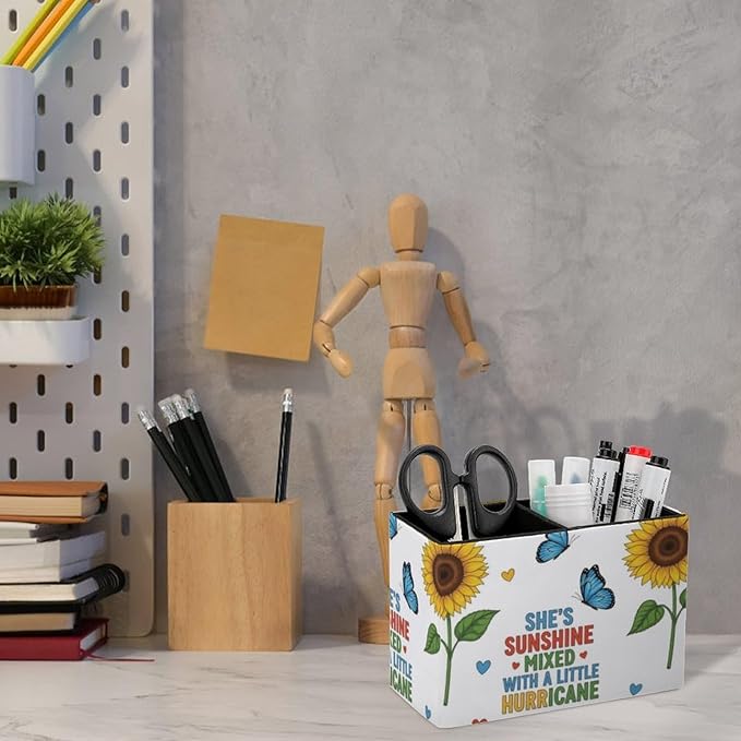 PU Leather Makeup Brush Holder Beautiful Sunflowers, Organize Your Desk in Style