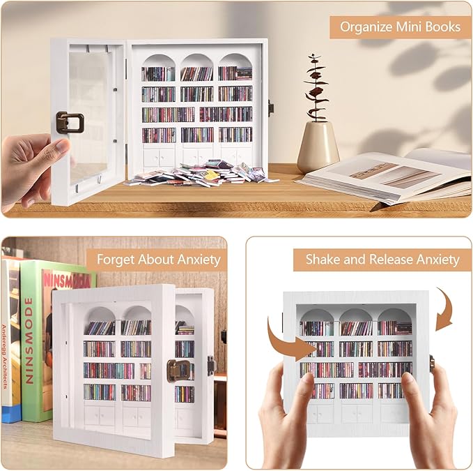 Anxiety Bookshelf – Mini Books Display for Stress Relief and Fun Decor, Perfect Decorative Miniature Library for Book Lovers, Ideal for Home Decor, Office Décor, and Thoughtful Gift Giving - White