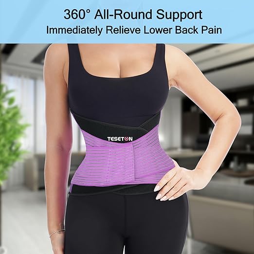 TESETON Back Support Brace Belt for Men & Women, Breathable Lumbar Support Belt, scoliosis back brace, Waist Relax Lower Back Pain & Sciatica Pain Relief with 8 reinforced Bones 02 Purple-M