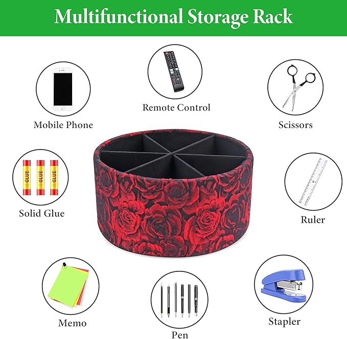 Remote Control Holder, 360°Spinning PU Leather Desk TV Remote Caddy,Desk Storage Box Room Accessories for Controller, Media,Mail,Calculator, Mobile Phone,Pencil(1-B3D Red)