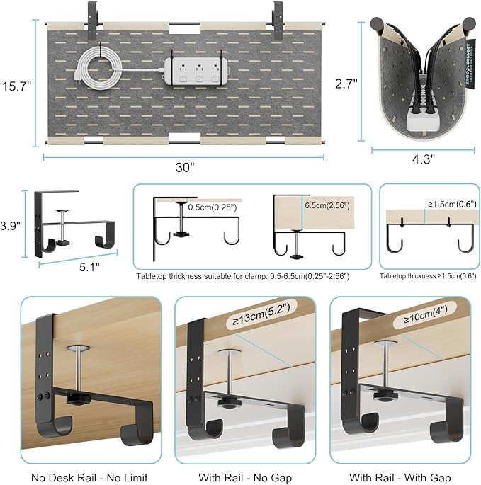 No Drill Under Desk Cable Management Tray, 30" Felt Cord Organizer for Table, Clamp/Screw Mount Wire Management with Privacy Panel for Standing Desk & Home Office (Khaki/Gray)