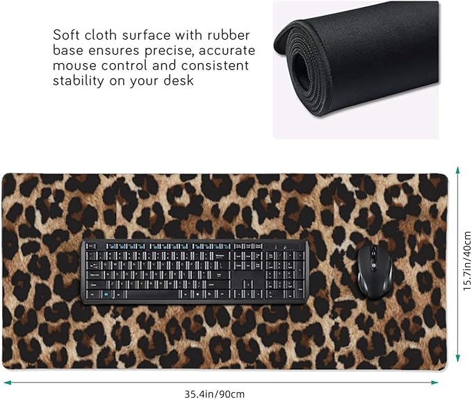 Leopard Cheetah Print Large Mouse Pad & Desk Mat Extended Mousepad with Stitched Edges Non-Slip Rubber Base Laptop Computer Keyboard Pad for Gaming, Office & Home Decor, XXXL - 35.4" X 15.7"