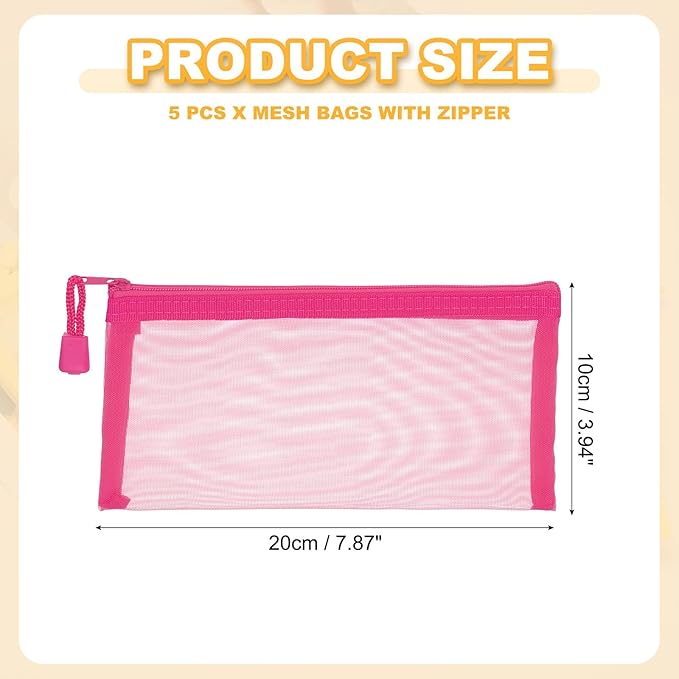 PATIKIL A6 Mesh Zipper Pouch Bags, 5 PCS Mesh Bags with Zipper Plastic Storage Pocket for Organizing File Beads Office Home Supplies, 10x20cm, Rose Red