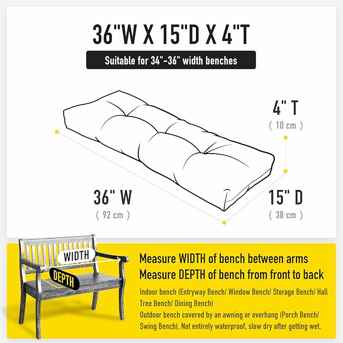 SUNROX LokGrip Non Slip Tufted Memory Foam Bench Cushion, FadeShield Water Resistant Durable Thicken Outdoor/Indoor Bench Seat Pads 36x14x4 inch, Seaside Breeze