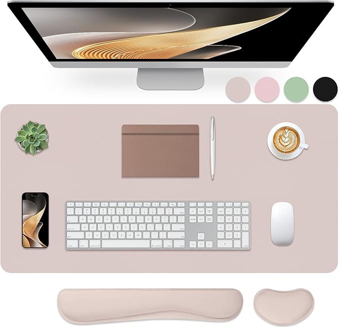 Desk Mat Set， Wrist Rest for Computer Keyboard, 3-in-1 Large Mouse Pad and Keyboard Wrist Rest Set, Non-Slip Desk Mat Protector for Office, Home(27.5×13.8 Inches, CreamPI)