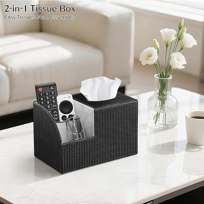 Tissue Box Cover Square with Storage, PU Leather Cube Tissue Box Holder, Multifunction Remote Control Nightstand Organizer, Modern Desk Caddy for End Table, Bathroom, Home, Office Decor