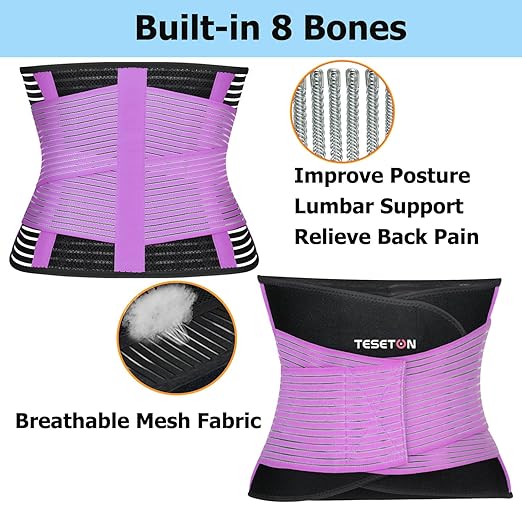 TESETON Back Support Brace Belt for Men & Women, Breathable Lumbar Support Belt, scoliosis back brace, Waist Relax Lower Back Pain & Sciatica Pain Relief with 8 reinforced Bones 02 Purple-L