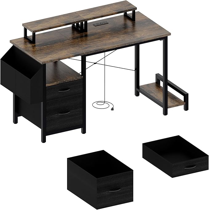Home Office Desk with Side Pocket and Drawers, Modern Computer Desk for Small Space Bedroom, 47 Inch Gaming Desk with Power Outlet & 2 Movable Monitor Shelves (Rustic Brown)