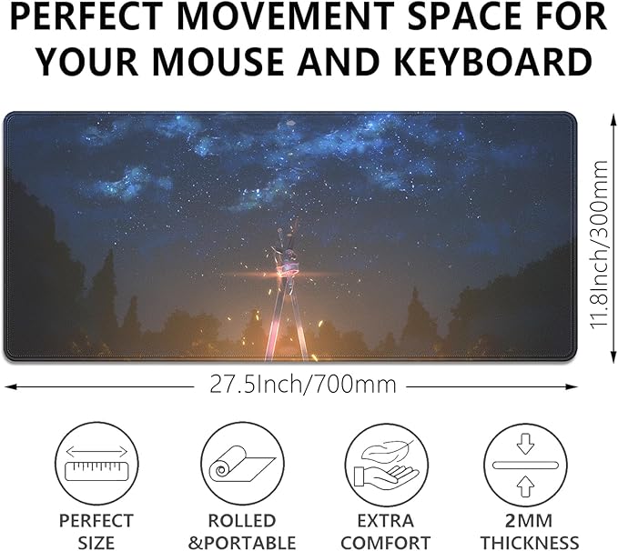 Sword of the Starry Night Mouse Pad Desk Pad, 27.5x11.8 in Extended Keyboard Mousepad with Stitched Edges, Waterproof Non-Slip Rubber Base for Office Computer Laptop Home