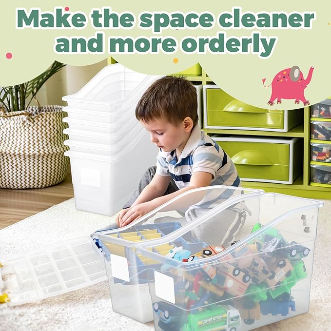 Suzile 24 Pcs Book Bins with Labels Linking Storage Bins Folder Magazine File Holder Interlocking Plastic Book Organizer Container for Office Classroom Home (Clear)