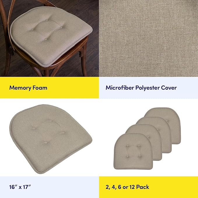 Sweet Home Collection Chair Cushion Memory Foam Pads Tufted Slip Non Skid Rubber Back U-Shaped 17" x 16" Seat Cover, Khaki Gray- 2 Count (Pack of 2)